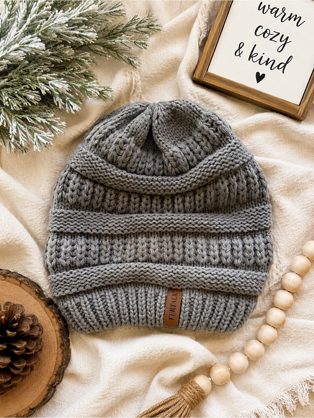 FURTALK Gray Knit Beanie Hat Fleece Lined Winter Slouchy One Size